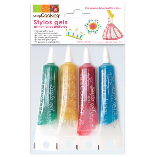 4 Stylos Gels alimentaires pailletés bleu, rose, jaune, vert 1 4 Stylos Gels alimentaires pailletés bleu, rose, jaune, vert