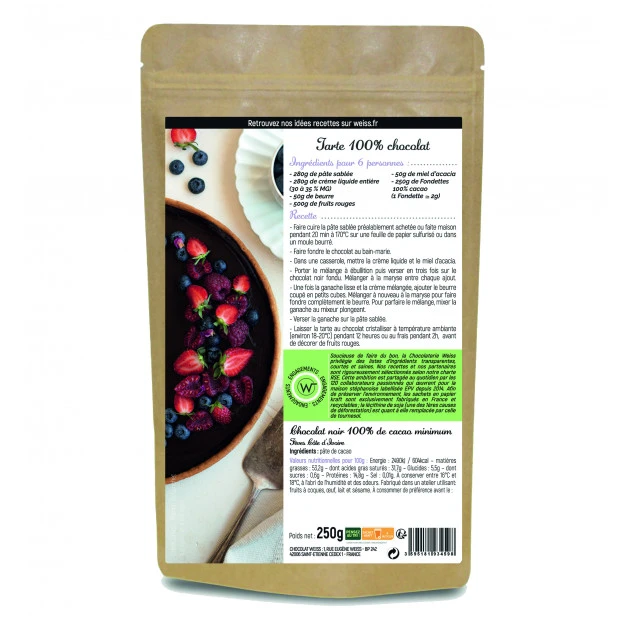 Chocolat Noir 100% Fondettes 250g Weiss 2 Chocolat Noir 100% Fondettes 250g Weiss â Image 2